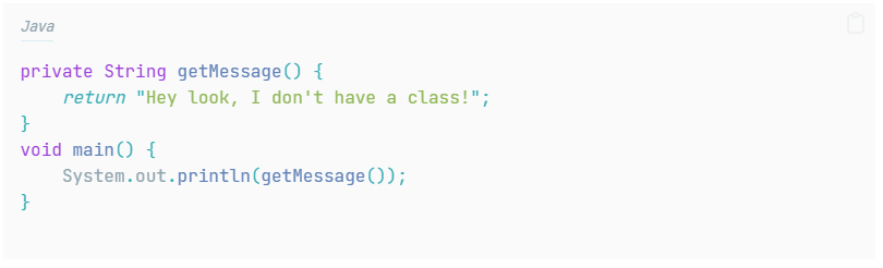 Java code: a private getMessage() method returning a string and a main() method that prints it, with no enclosing class